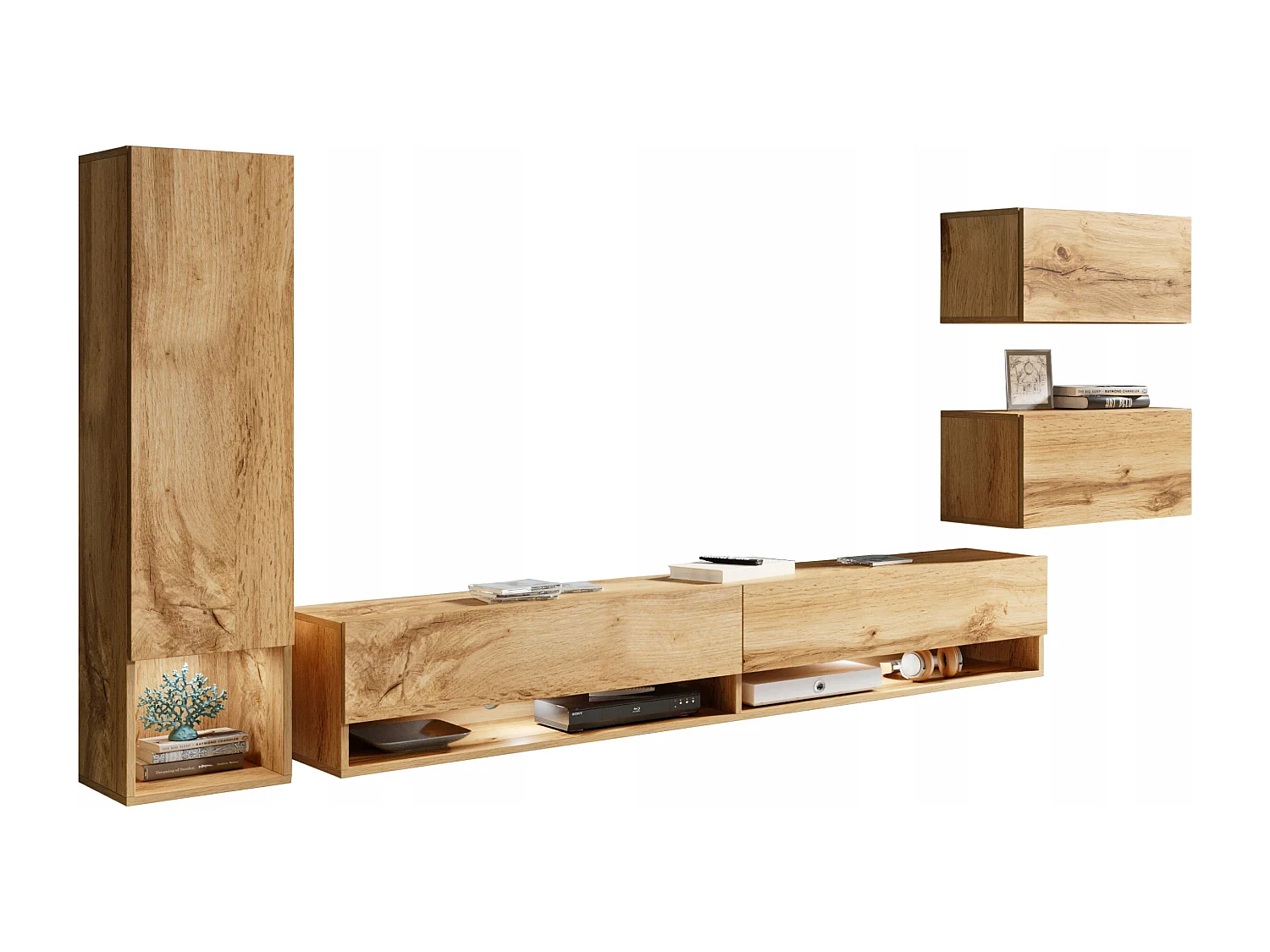 Moderne woonwand 4-delig – hangend TV-meubel 180 cm met kolom en kasten, wotan eiken mat