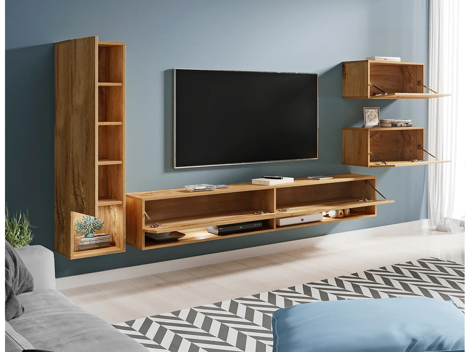 Moderne woonwand 4-delig – hangend TV-meubel 180 cm met kolom en kasten, wotan eiken mat