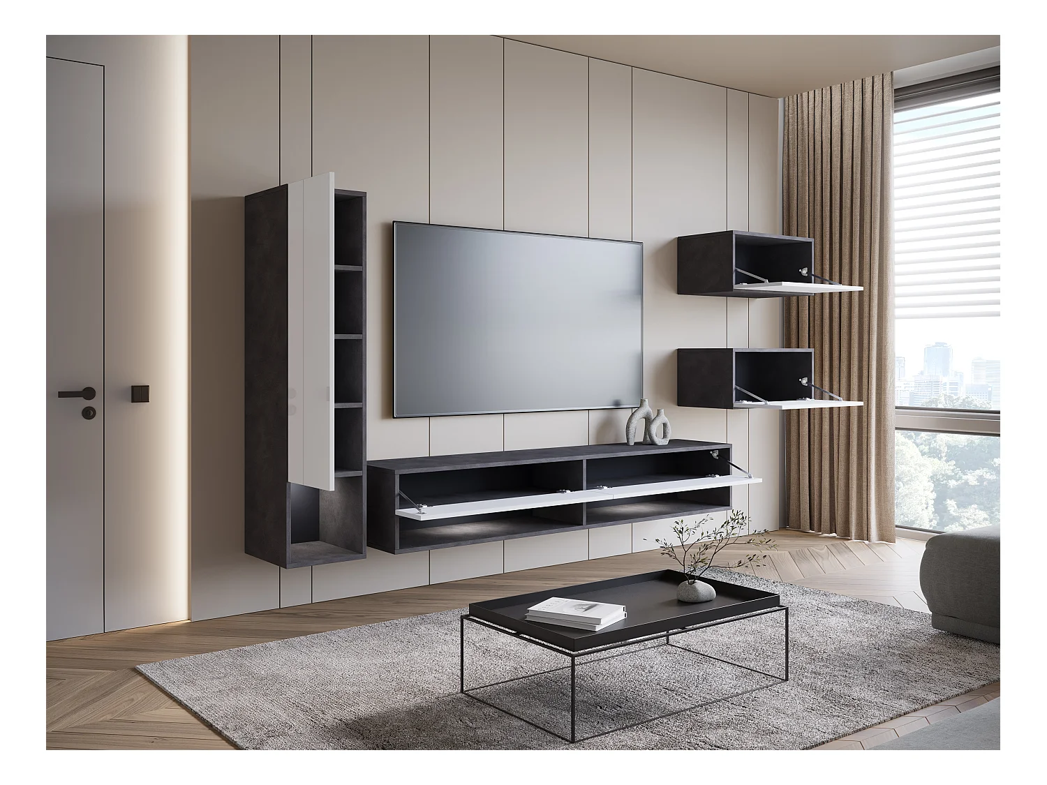 Parete attrezzata moderna 4 elementi – set TV sospeso 180 cm, colonna e 2 mobili, struttura matera, frontali bianco lucido