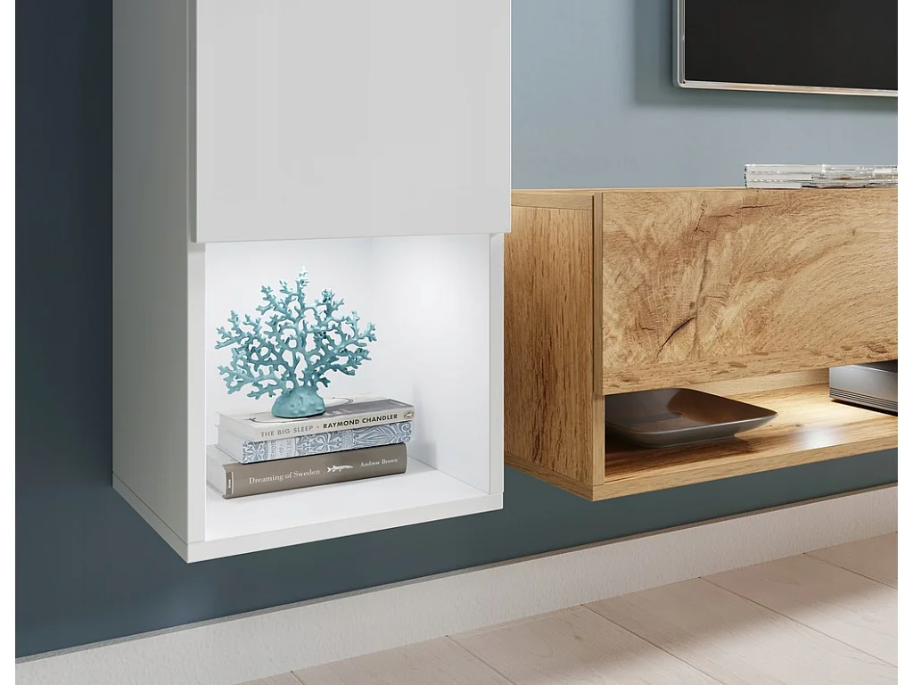 Mueble de salón moderno 4 elementos – conjunto TV colgante 180 cm, columna y 2 armarios, cuerpo matera, frentes blanco brillo