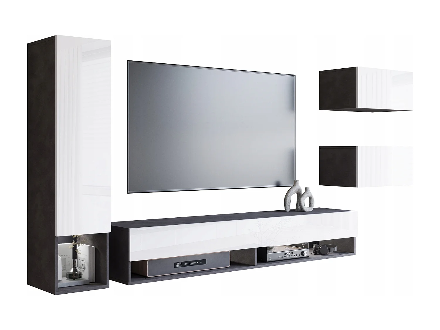 Parete attrezzata moderna 4 elementi – set TV sospeso 180 cm, colonna e 2 mobili, struttura matera, frontali bianco lucido