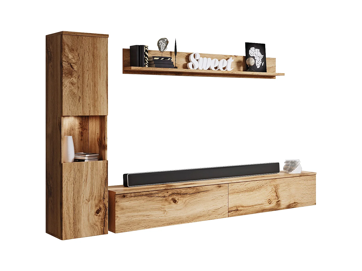 Moderne woonkamerset 3-delig, eiken wotan mat, kolomkast en tv-meubel 180 cm