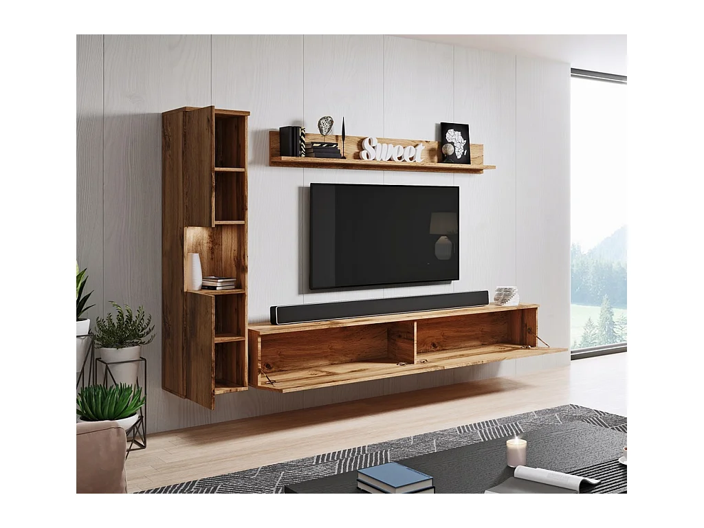 Moderne woonkamerset 3-delig, eiken wotan mat, kolomkast en tv-meubel 180 cm