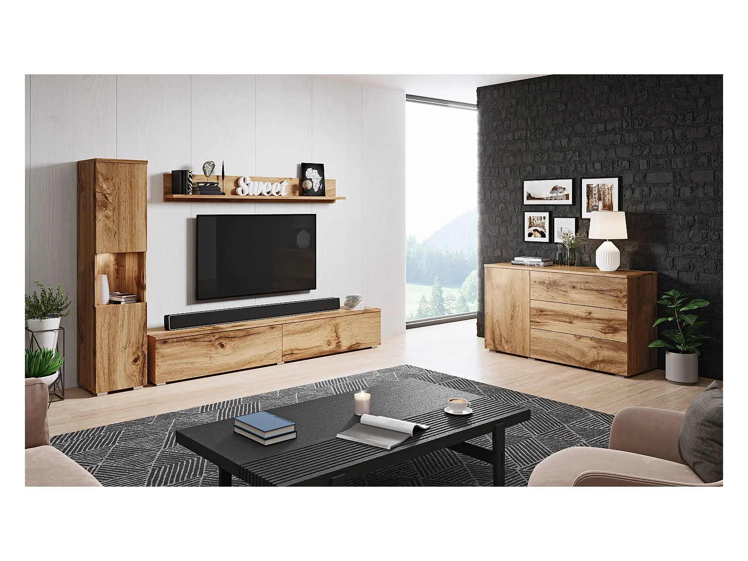 Moderne woonkamerset 3-delig, eiken wotan mat, kolomkast en tv-meubel 180 cm