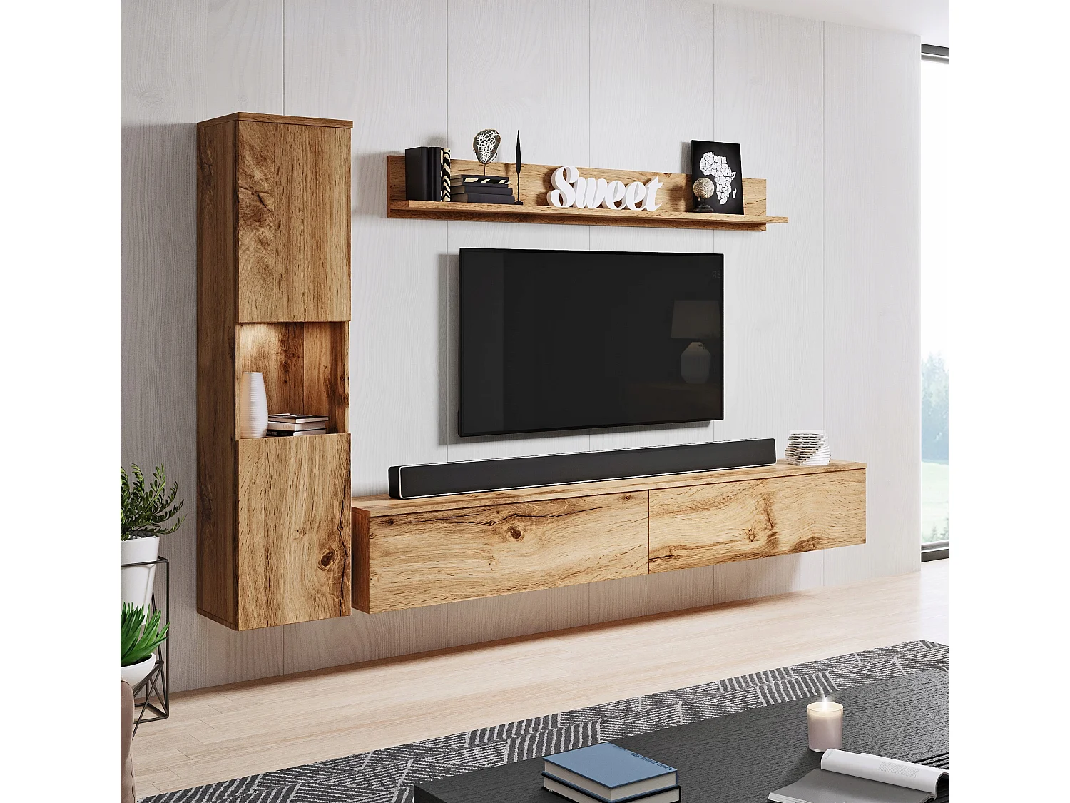 Mueble de salón moderno 3 piezas, roble wotan mate, columna y mueble TV 180 cm