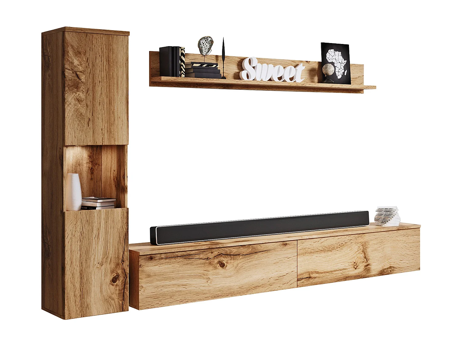 Mueble de salón moderno 3 piezas, roble wotan mate, columna y mueble TV 180 cm