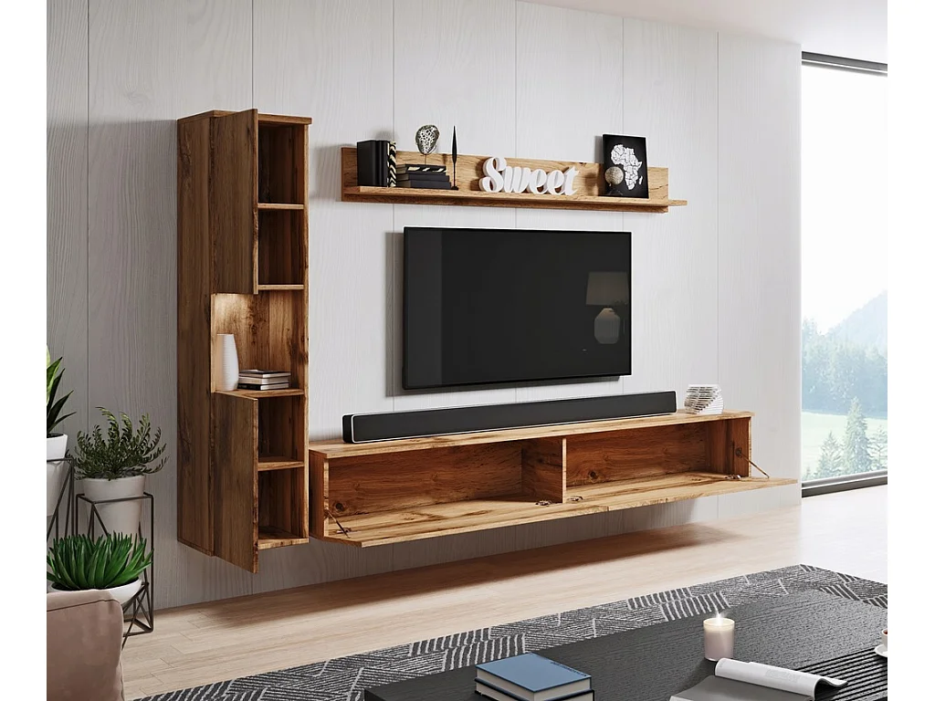 Mueble de salón moderno 3 piezas, roble wotan mate, columna y mueble TV 180 cm