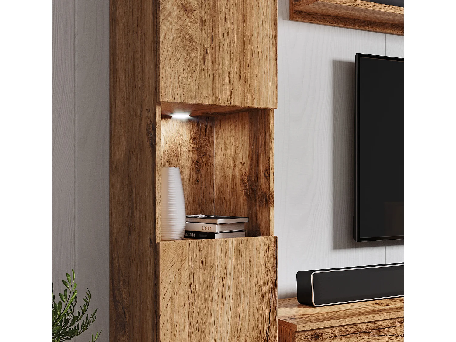 Mueble de salón moderno 3 piezas, roble wotan mate, columna y mueble TV 180 cm