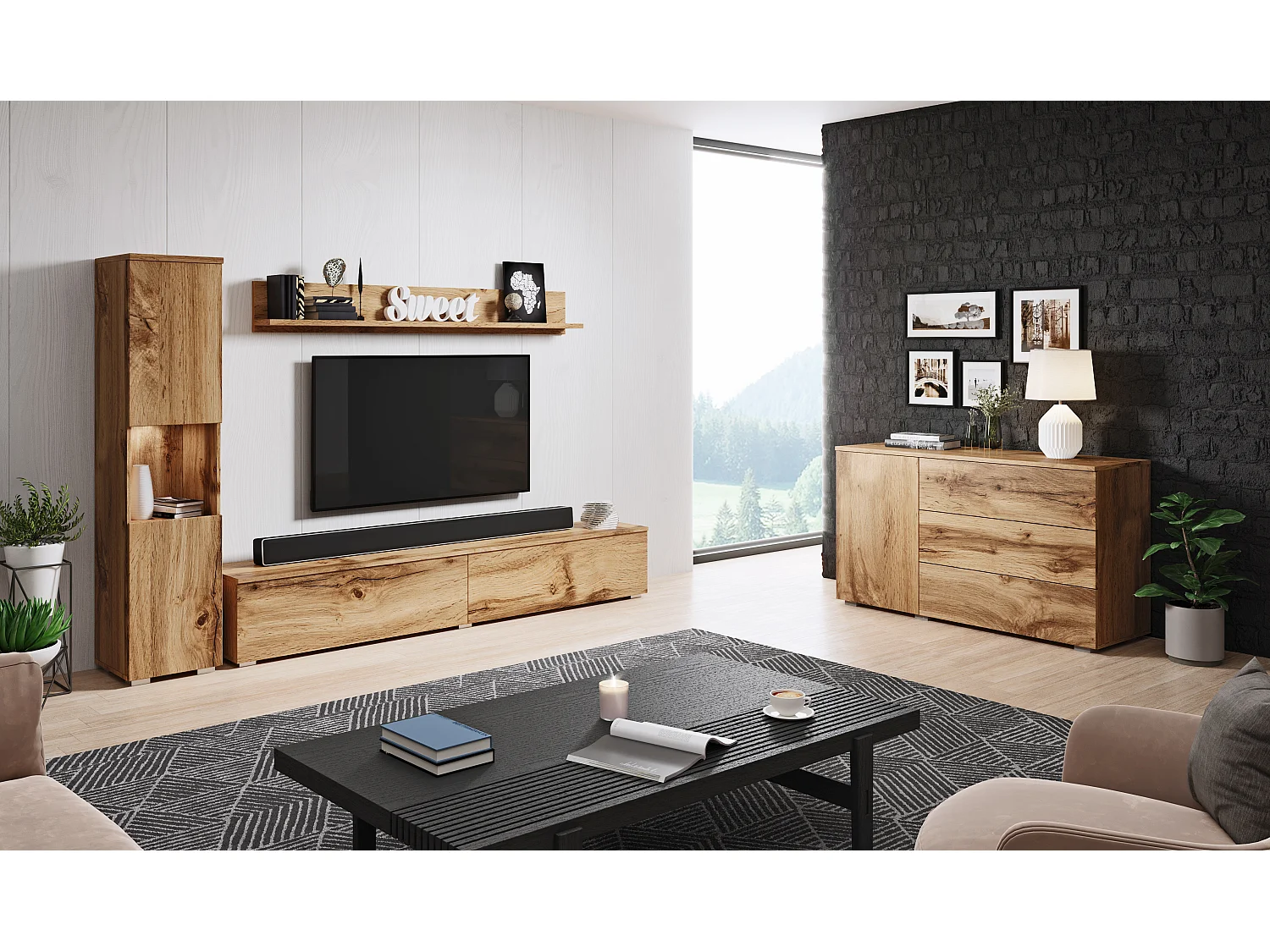 Mueble de salón moderno 3 piezas, roble wotan mate, columna y mueble TV 180 cm