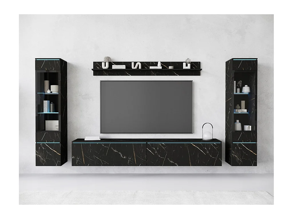 Modern woonkamer meubelset 4-delig – TV-meubel 180 cm, 2 vitrinekasten en plank – woonwand SAN SEBASTIAN mat, staand of hangend