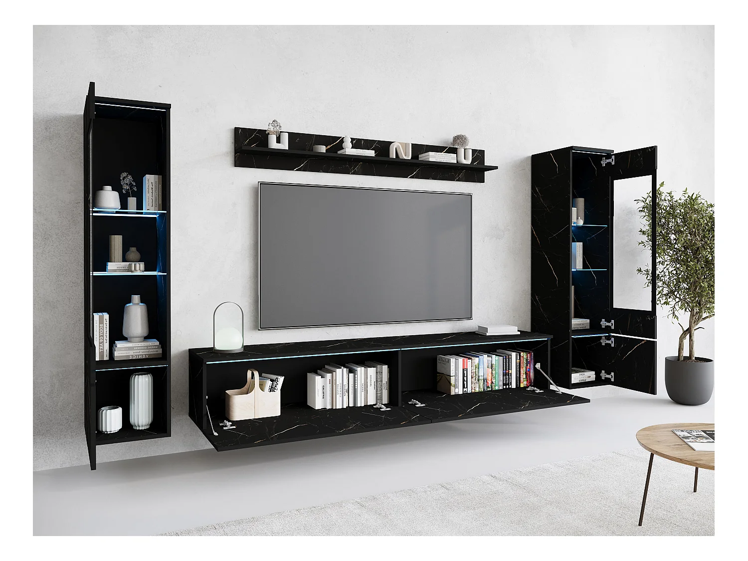 Modern woonkamer meubelset 4-delig – TV-meubel 180 cm, 2 vitrinekasten en plank – woonwand SAN SEBASTIAN mat, staand of hangend