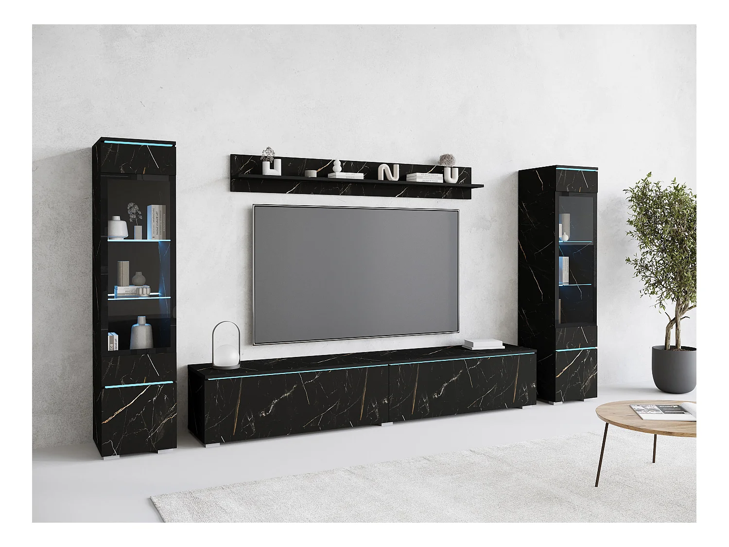 Ensemble moderne de meubles de salon 4 éléments – meuble TV 180 cm, 2 vitrines et étagère mur TV SAN SEBASTIAN mat, autoportant ou suspendu