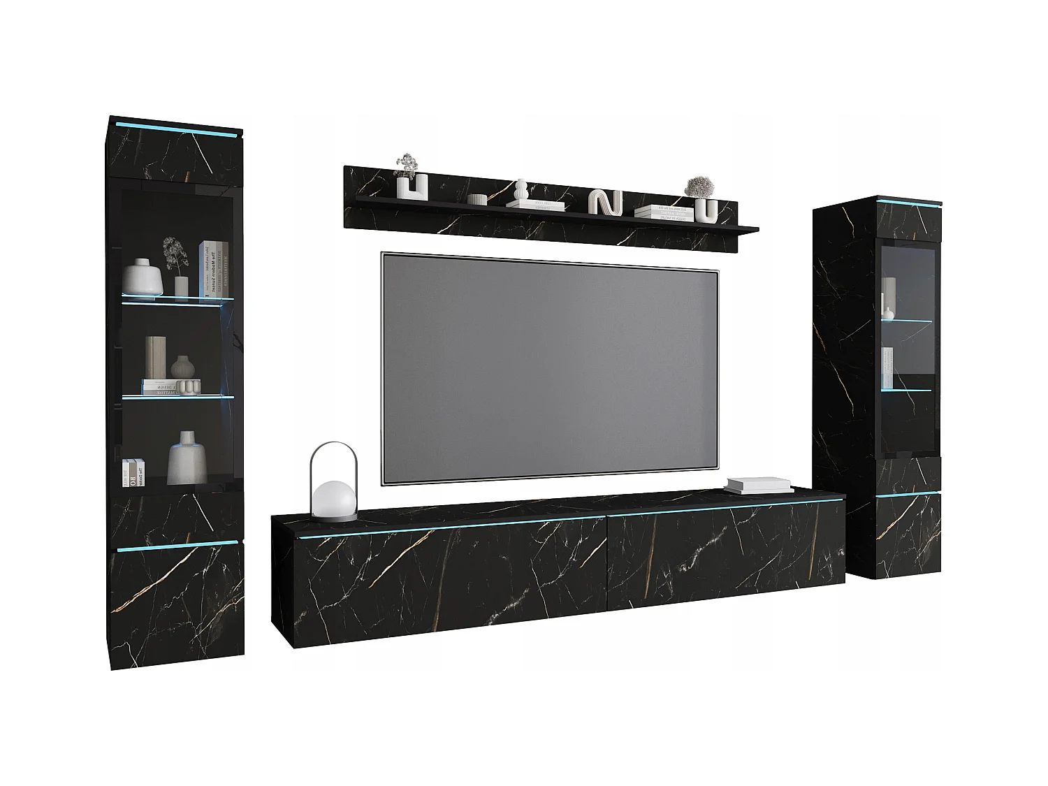 Ensemble moderne de meubles de salon 4 éléments – meuble TV 180 cm, 2 vitrines et étagère mur TV SAN SEBASTIAN mat, autoportant ou suspendu