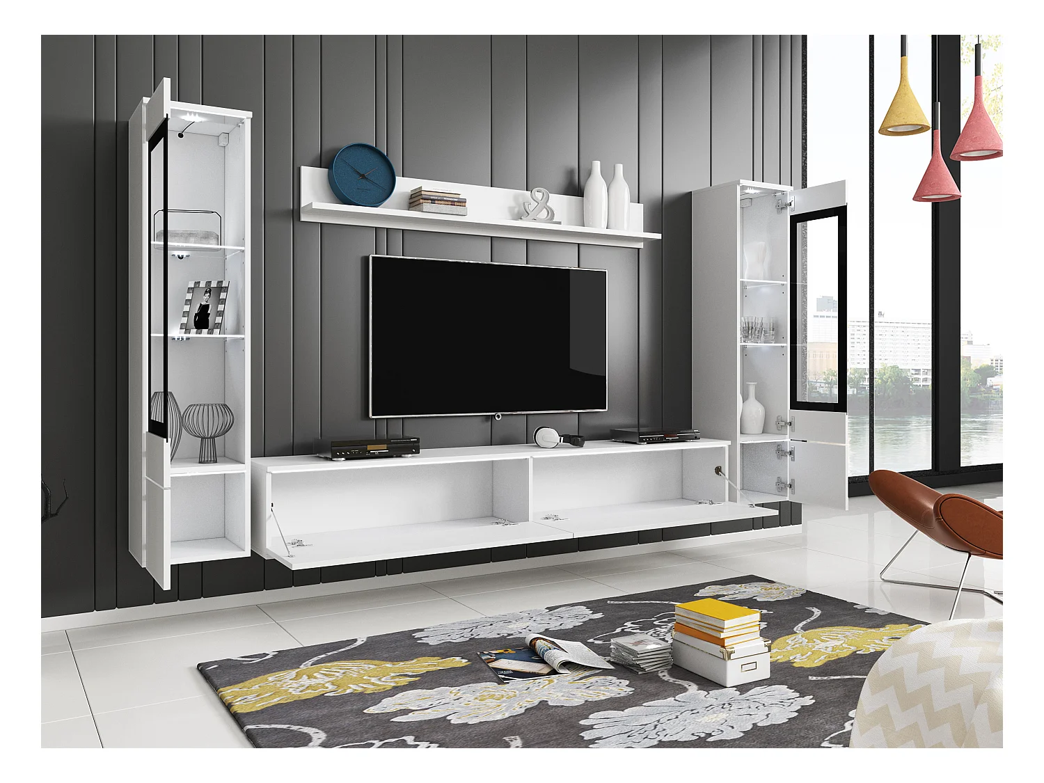 Conjunto moderno de móveis de sala 4 peças, móvel de TV 180 cm, 2 vitrinas e prateleira, corpo branco mate, frentes branco brilho, de pé ou suspenso