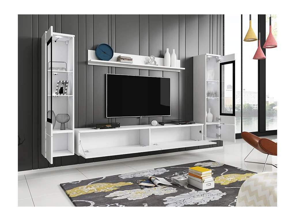 Conjunto moderno de móveis de sala 4 peças, móvel de TV 180 cm, 2 vitrinas e prateleira, corpo branco mate, frentes branco brilho, de pé ou suspenso