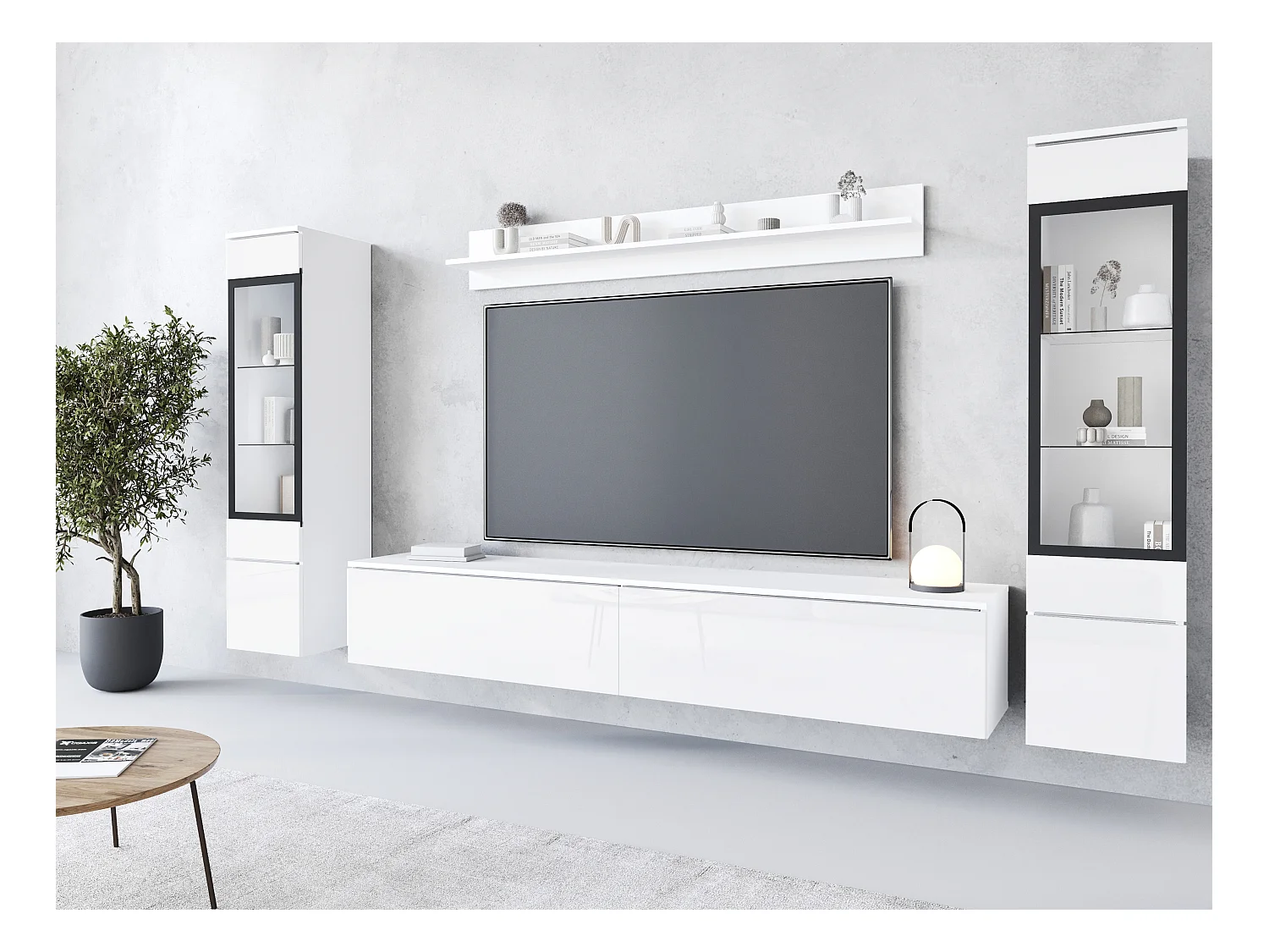 Ensemble moderne de meubles de salon 4 éléments, meuble TV 180 cm, 2 vitrines et étagère, corps blanc mat, façades blanc brillant, autoportant ou suspendu