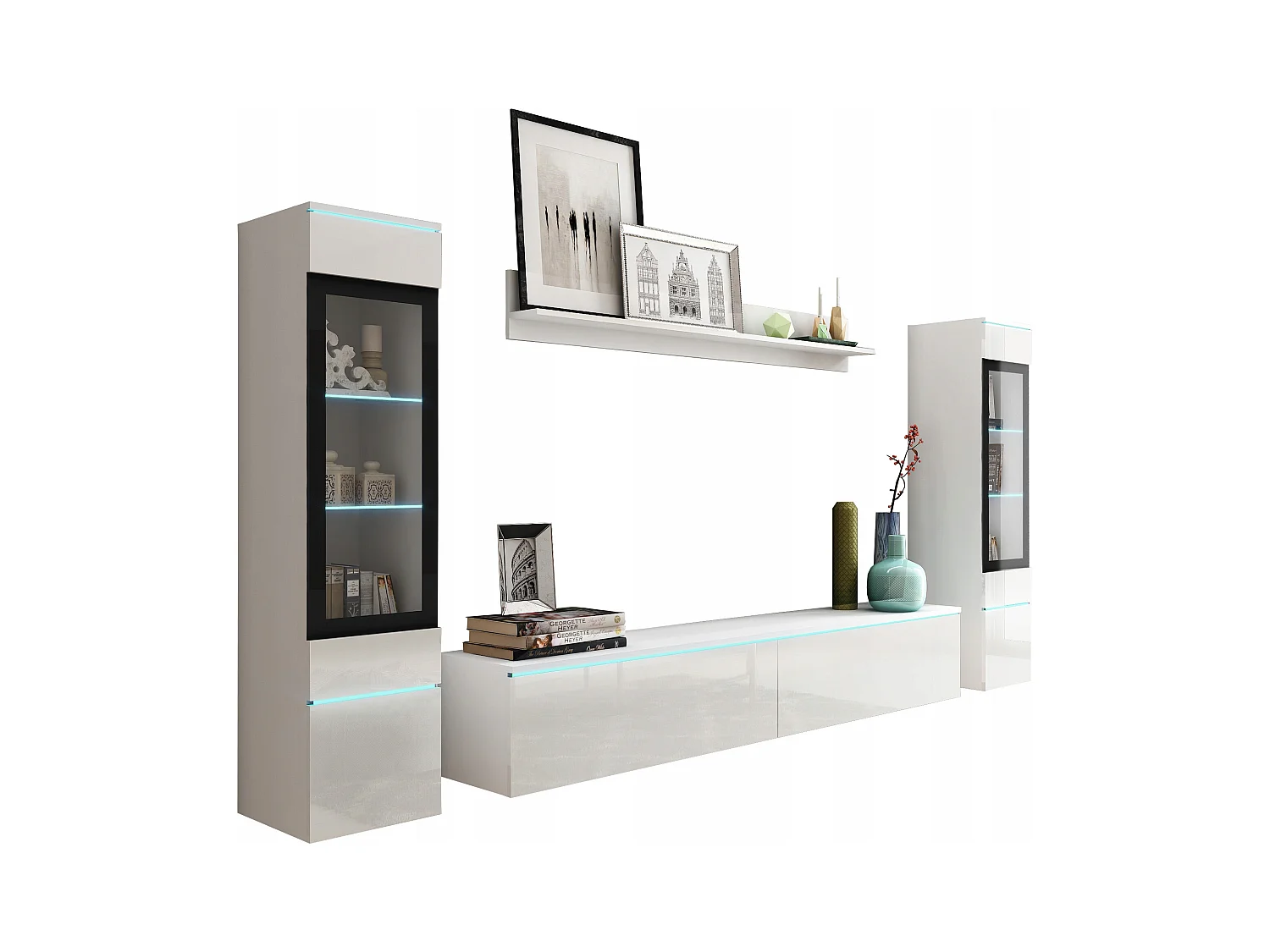 Moderne woonkamer meubelset 4-delig, TV-meubel 180 cm, 2 vitrinekasten en plank, corpus wit mat, fronten wit hoogglans, staand of hangend