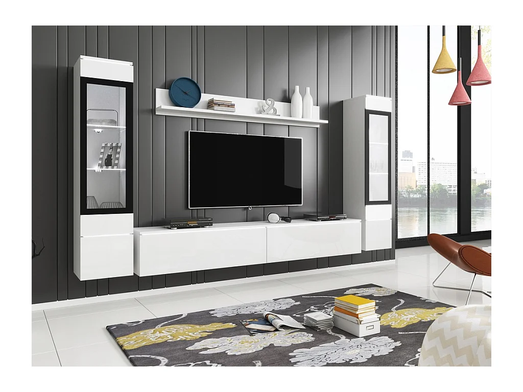 Moderne woonkamer meubelset 4-delig, TV-meubel 180 cm, 2 vitrinekasten en plank, corpus wit mat, fronten wit hoogglans, staand of hangend