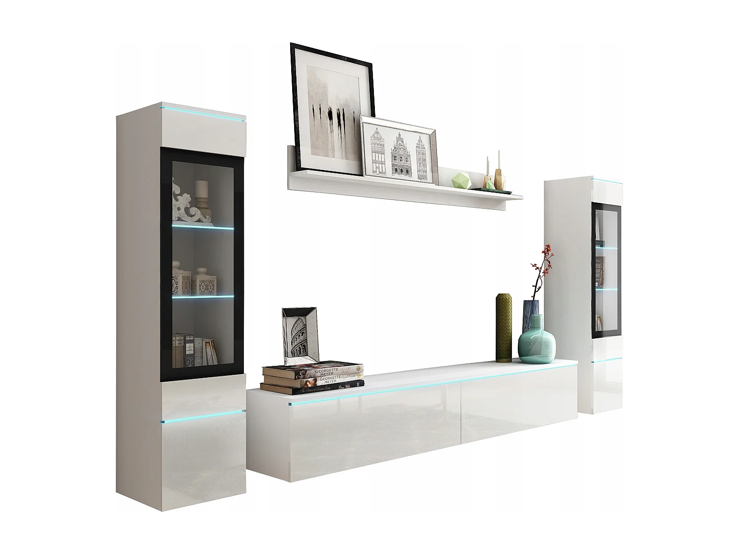 Moderne woonkamer meubelset 4-delig, TV-meubel 180 cm, 2 vitrinekasten en plank, corpus wit mat, fronten wit hoogglans, staand of hangend