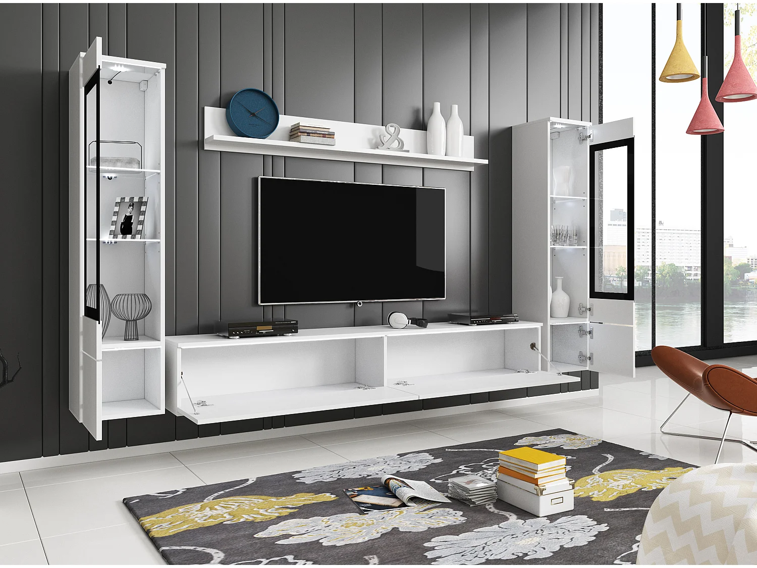Moderne woonkamer meubelset 4-delig, TV-meubel 180 cm, 2 vitrinekasten en plank, corpus wit mat, fronten wit hoogglans, staand of hangend