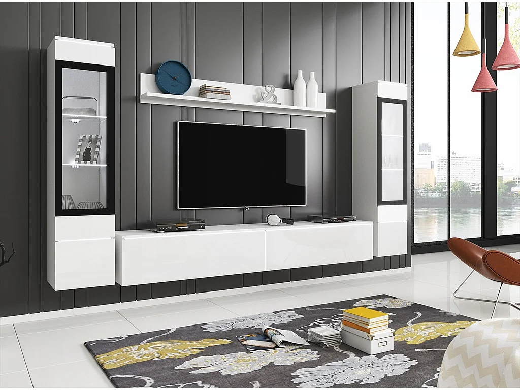 Moderne woonkamer meubelset 4-delig, TV-meubel 180 cm, 2 vitrinekasten en plank, corpus wit mat, fronten wit hoogglans, staand of hangend