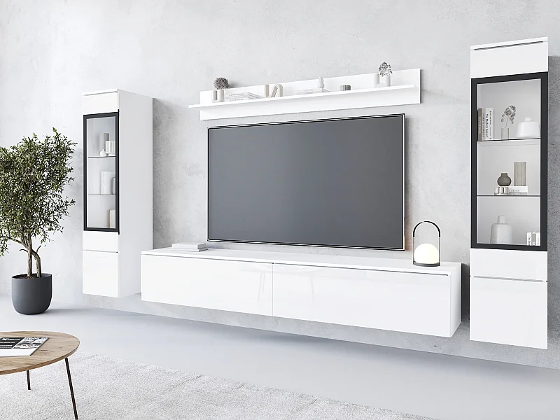 Ensemble moderne de meubles de salon 4 éléments, meuble TV 180 cm, 2 vitrines et étagère, corps blanc mat, façades blanc brillant, autoportant ou suspendu