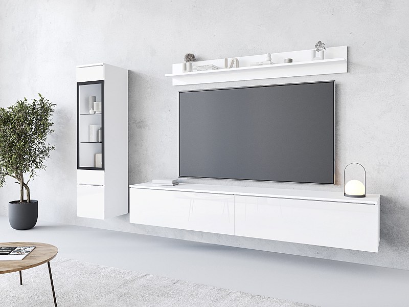Mobile TV Sospeso 200cm Bianco - Moderno, Senza Maniglie, Per Salotto Con Tecnologia Di Apertura Facile - Foto 10