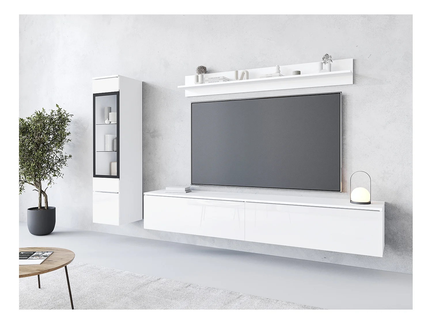 Ensemble moderne de meubles de salon 3 éléments – meuble TV 180 cm, vitrine et étagère, corps blanc mat, façades blanc brillant, autoportant ou suspendu