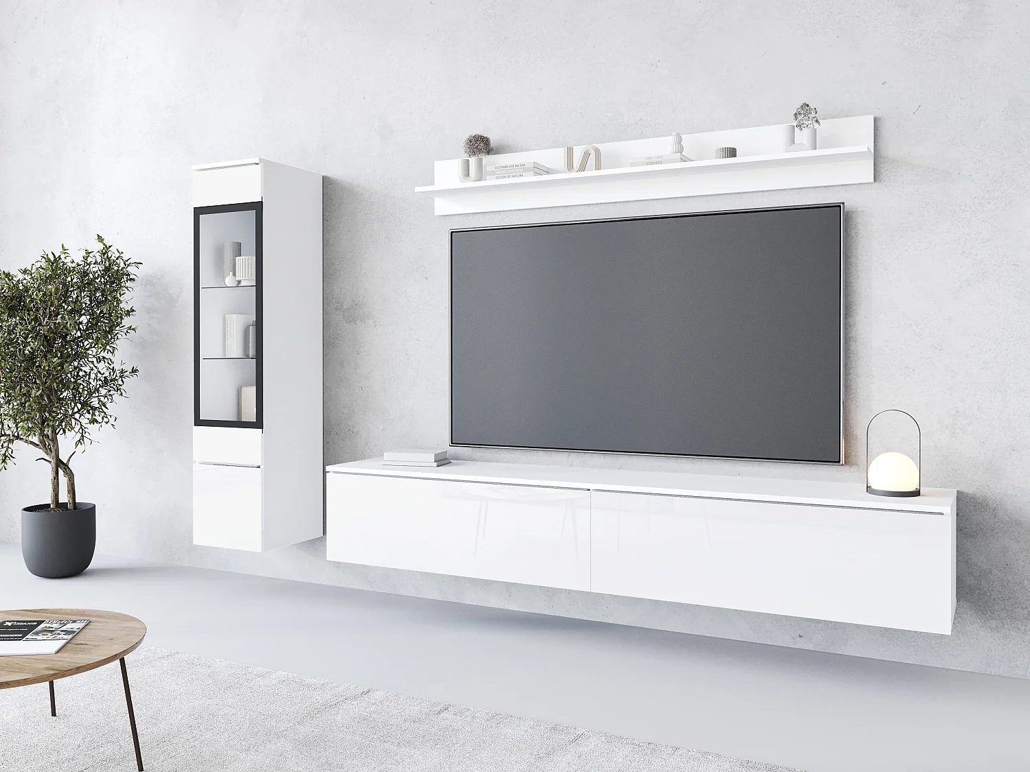 Vardagsrumsmöbelset VERA I, vardagsrumsset, TV-bänk, med LED-belysning, färg vit/vit högglans