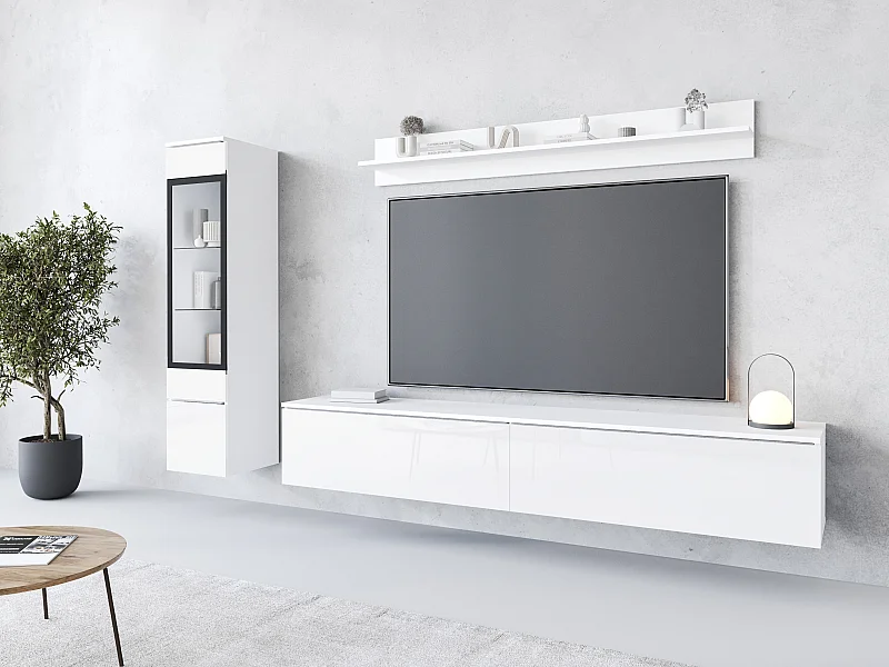 Ensemble moderne de meubles de salon 3 éléments – meuble TV 180 cm, vitrine et étagère, corps blanc mat, façades blanc brillant, autoportant ou suspendu