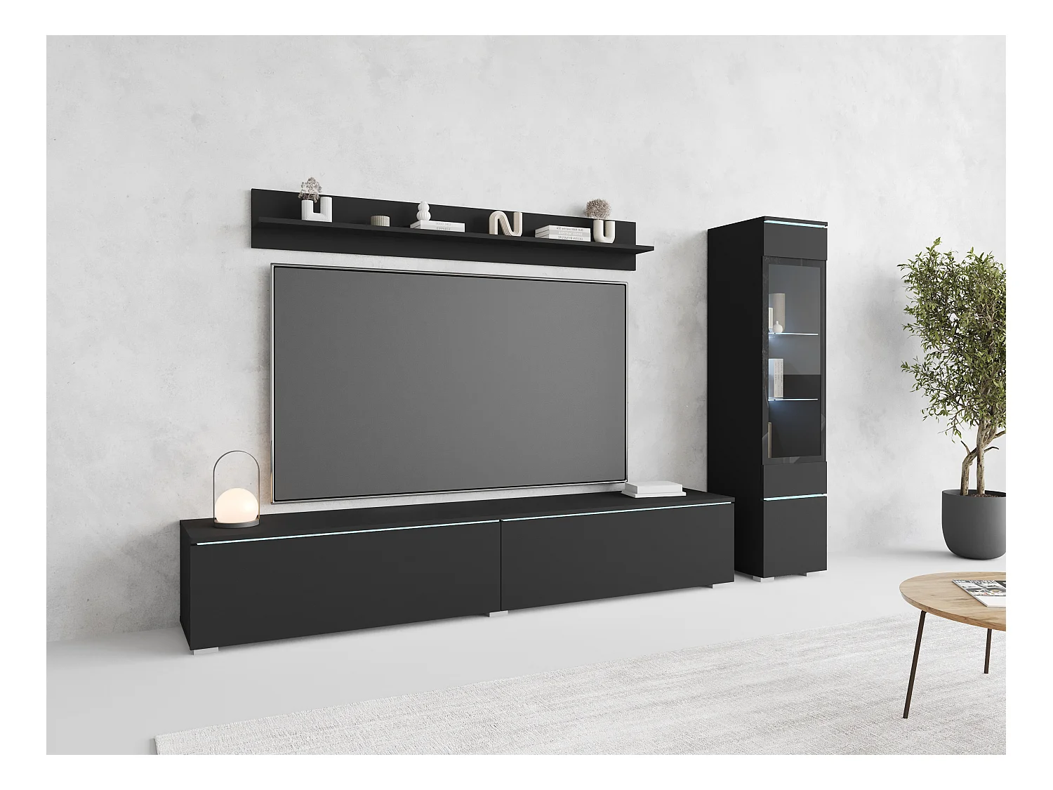 Ensemble moderne de meubles de salon 3 éléments – meuble TV 180 cm, vitrine et étagère, graphite noir mat, autoportant ou suspendu