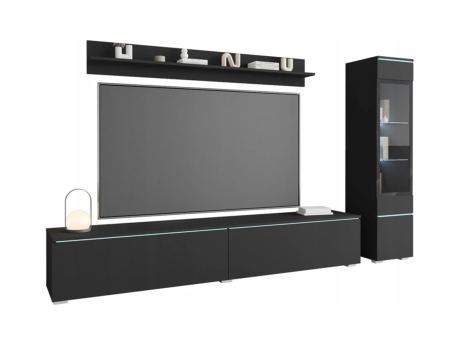 Moderne woonkamer meubelset 3-delig – TV-meubel 180 cm, vitrinekast en plank, zwart grafiet mat, staand of hangend