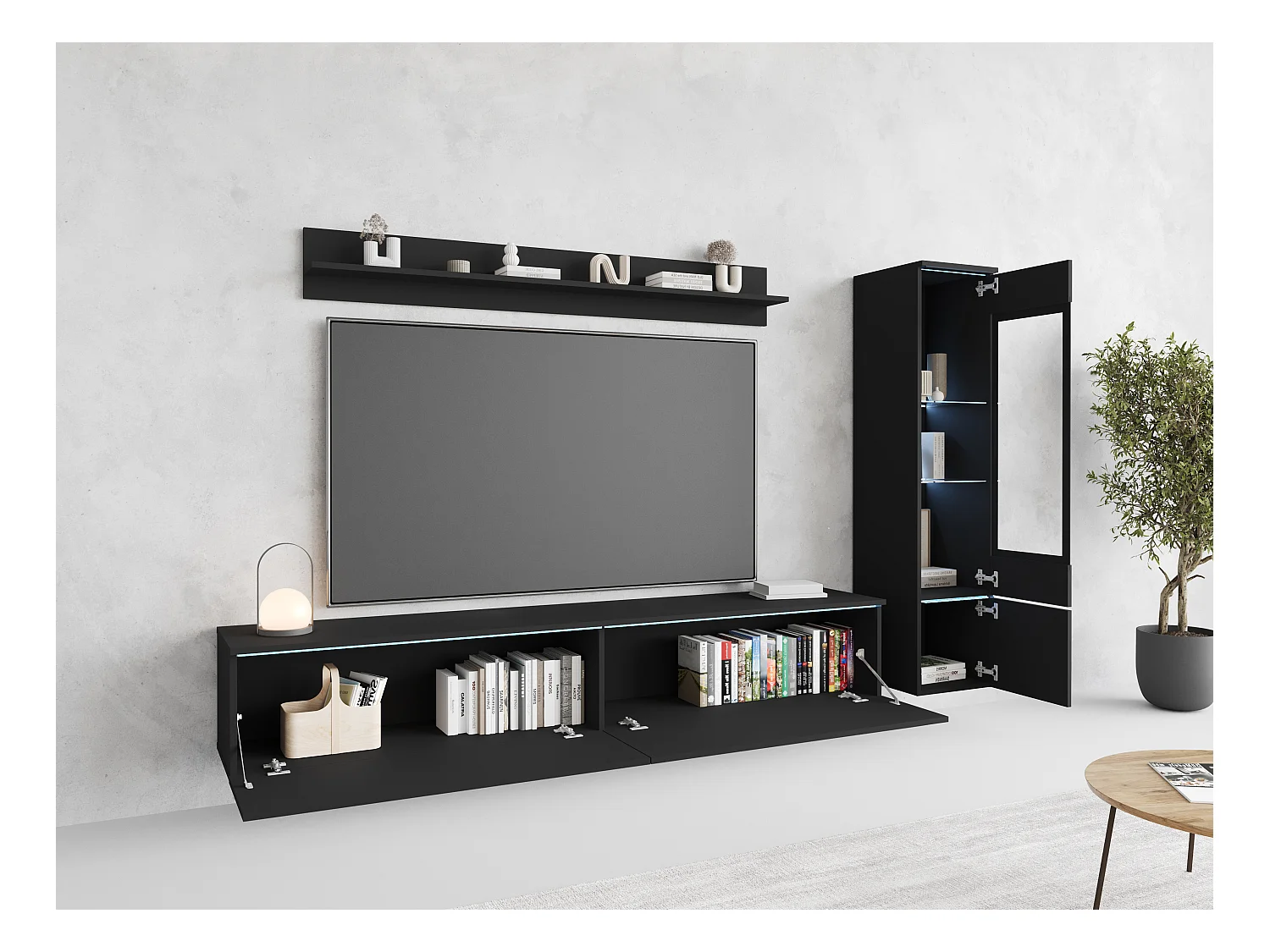 Moderne woonkamer meubelset 3-delig – TV-meubel 180 cm, vitrinekast en plank, zwart grafiet mat, staand of hangend