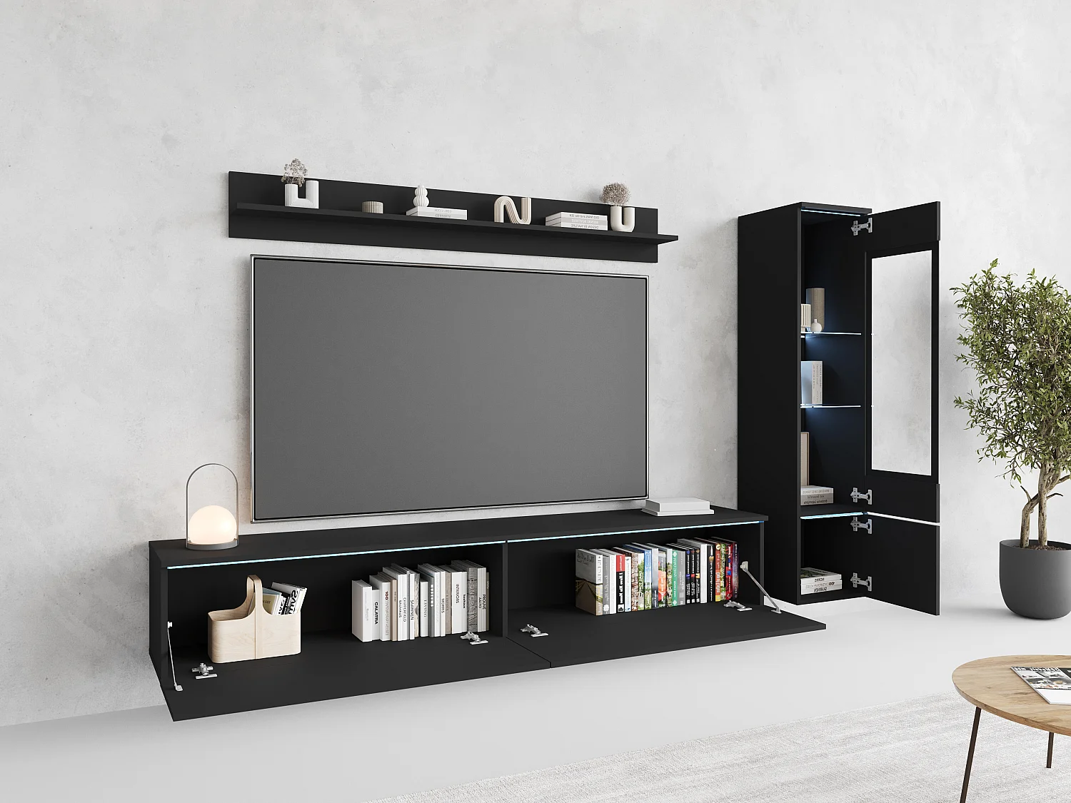 Ensemble moderne de meubles de salon 3 éléments – meuble TV 180 cm, vitrine et étagère, graphite noir mat, autoportant ou suspendu