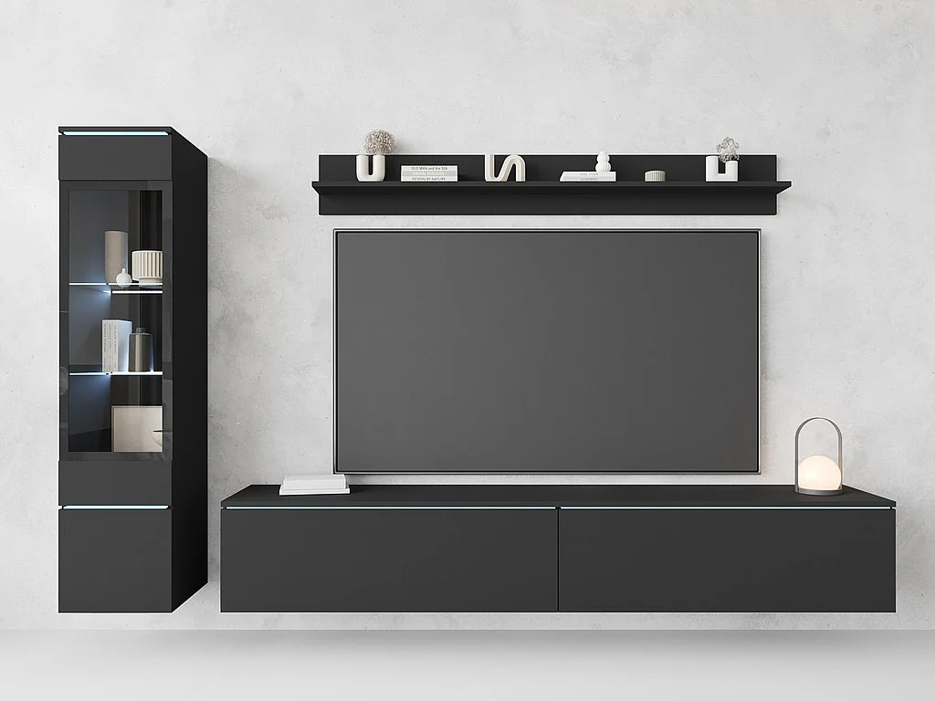 Ensemble moderne de meubles de salon 3 éléments – meuble TV 180 cm, vitrine et étagère, graphite noir mat, autoportant ou suspendu