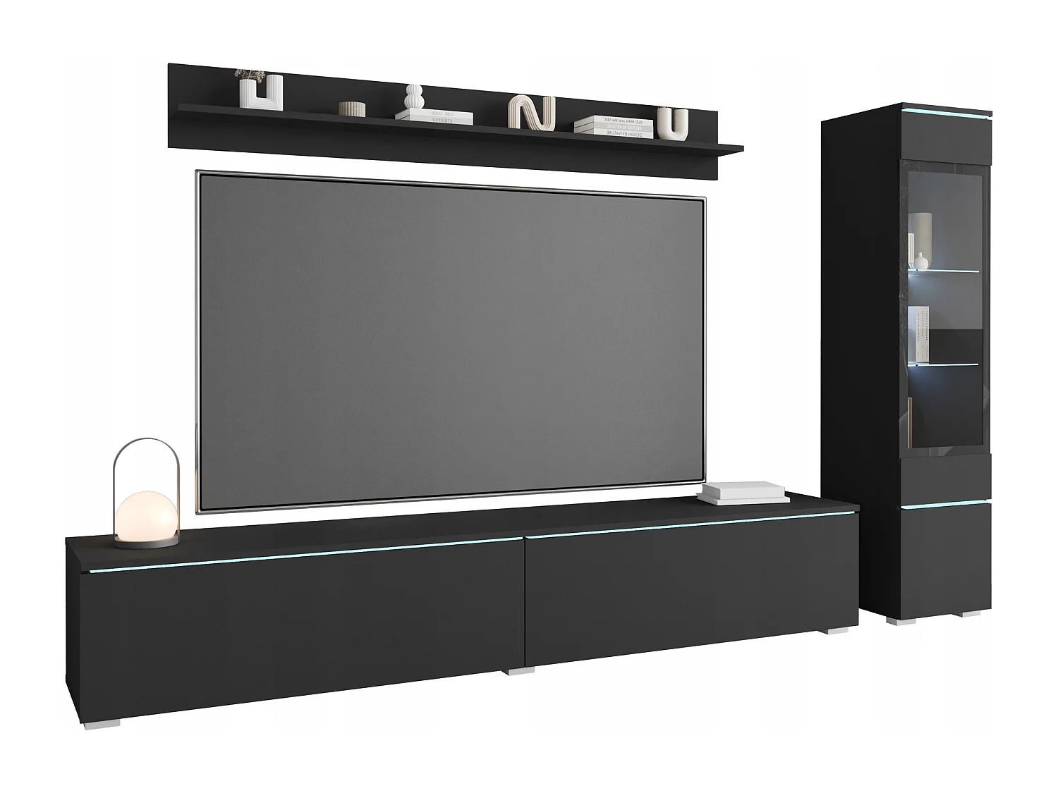 Ensemble moderne de meubles de salon 3 éléments – meuble TV 180 cm, vitrine et étagère, graphite noir mat, autoportant ou suspendu