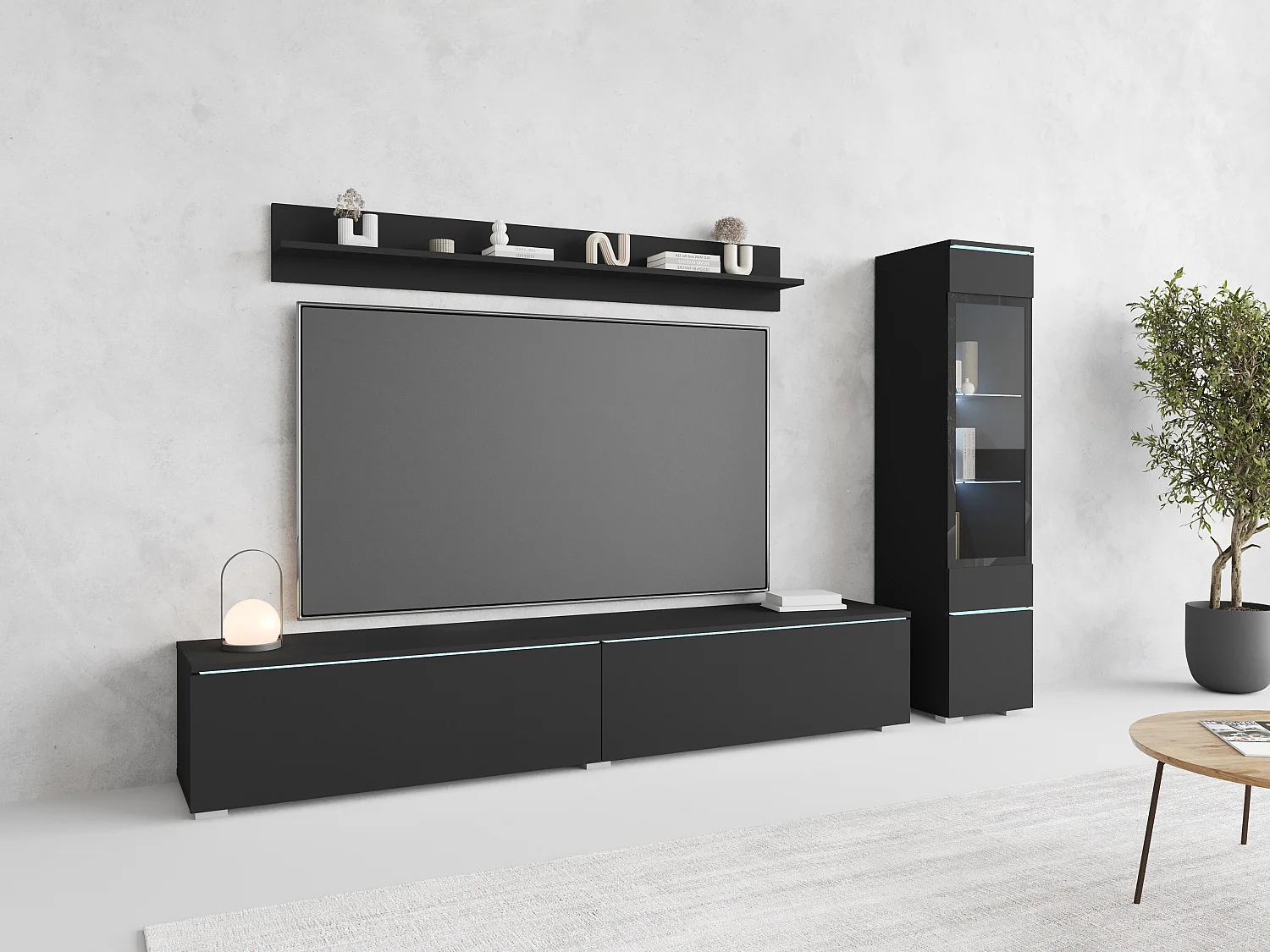 Ensemble moderne de meubles de salon 3 éléments – meuble TV 180 cm, vitrine et étagère, graphite noir mat, autoportant ou suspendu