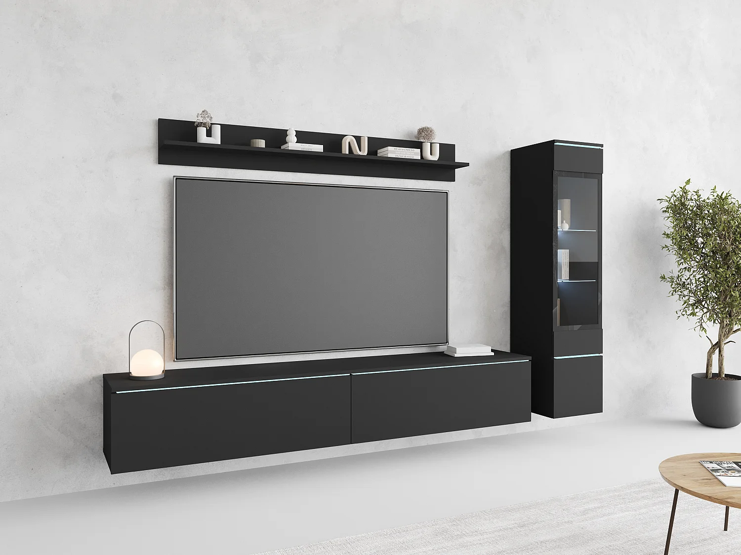 Ensemble moderne de meubles de salon 3 éléments – meuble TV 180 cm, vitrine et étagère, graphite noir mat, autoportant ou suspendu