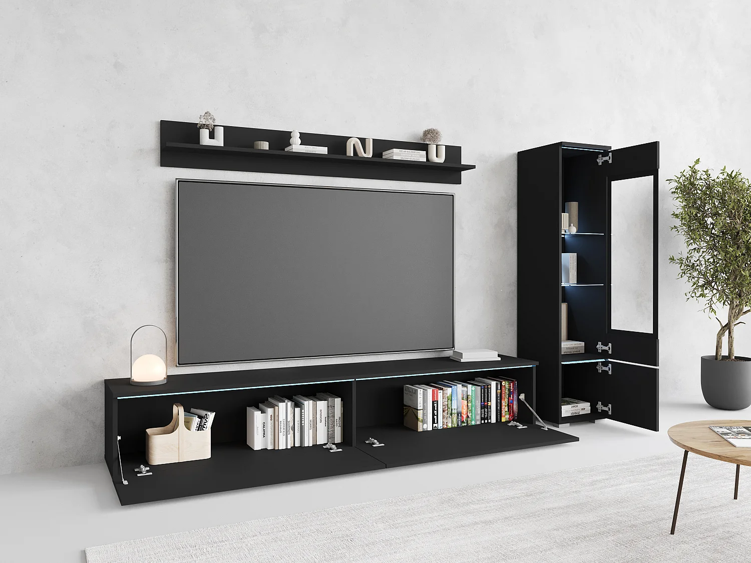 Ensemble moderne de meubles de salon 3 éléments – meuble TV 180 cm, vitrine et étagère, graphite noir mat, autoportant ou suspendu