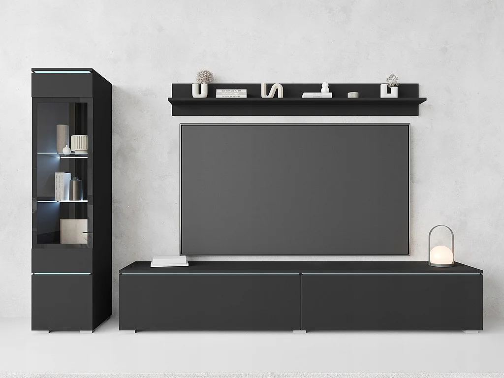 Ensemble moderne de meubles de salon 3 éléments – meuble TV 180 cm, vitrine et étagère, graphite noir mat, autoportant ou suspendu