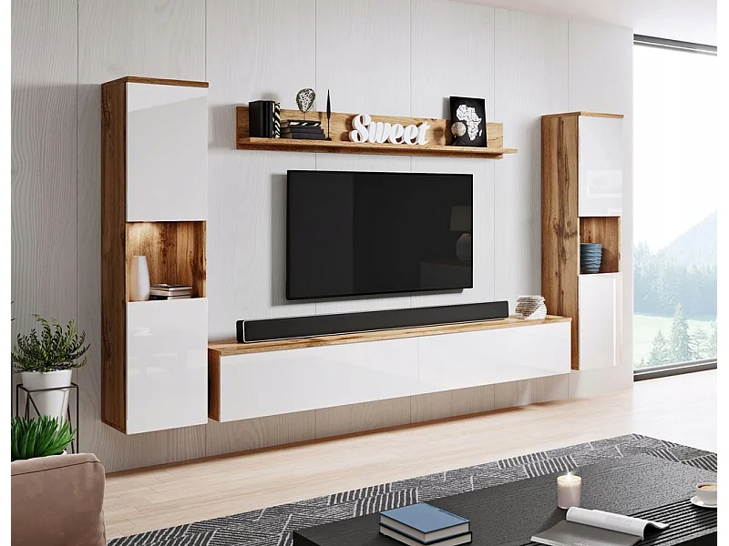 Conjunto moderno de sala 4 peças, corpo wotan, frentes branco brilho, 2 colunas e móvel de TV 180 cm