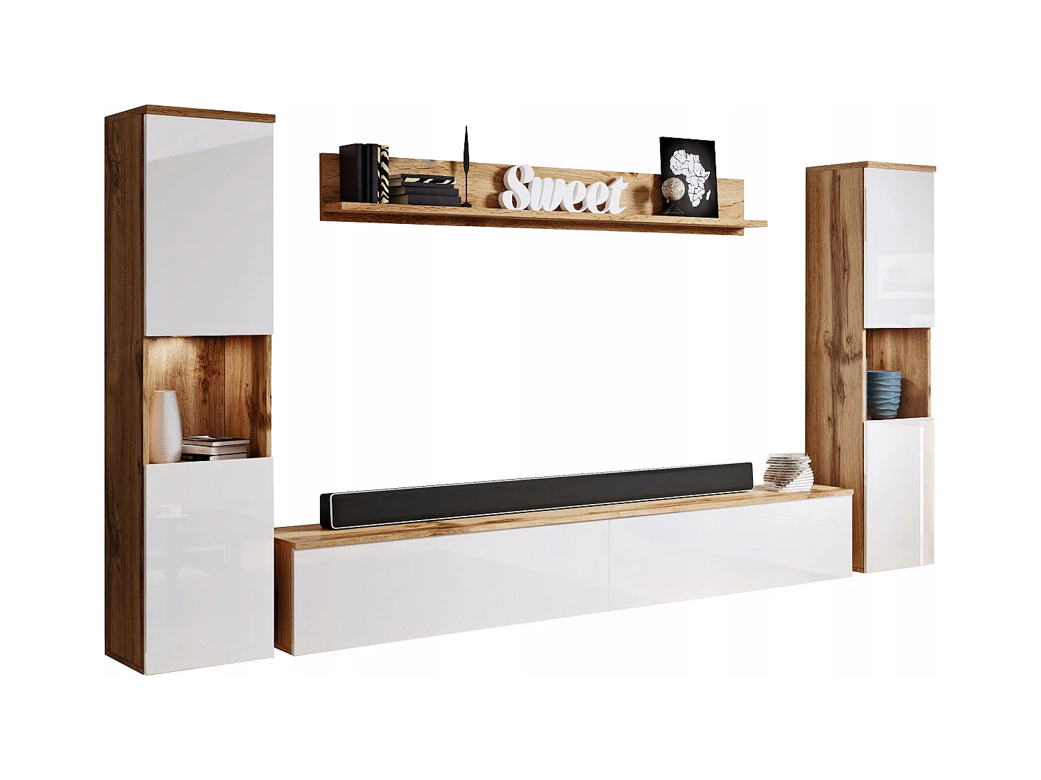 Moderne wandmeubelset 4-delig, corpus wotan, fronten wit hoogglans, 2 kolomkasten en tv-meubel 180 cm