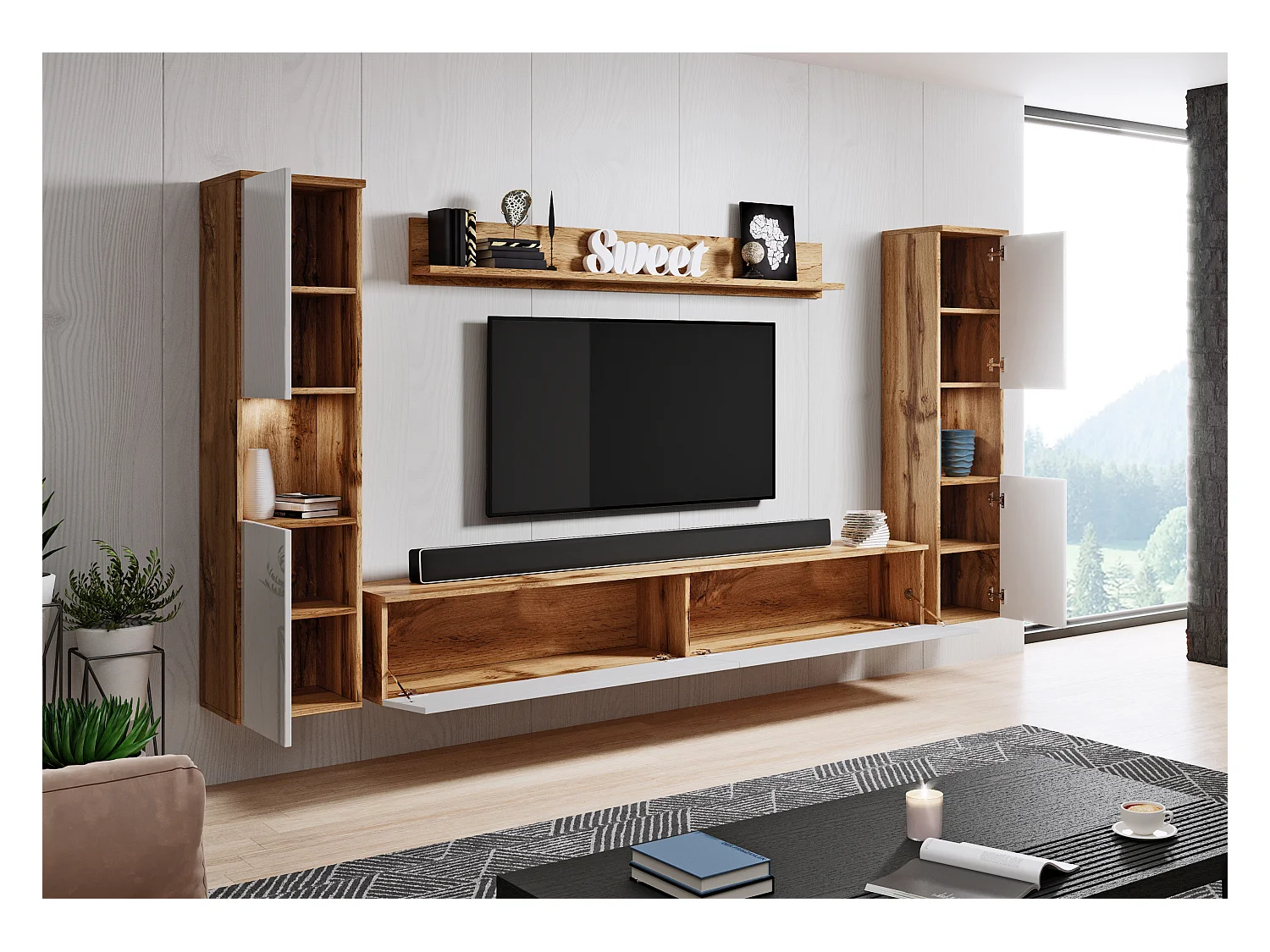 Moderne wandmeubelset 4-delig, corpus wotan, fronten wit hoogglans, 2 kolomkasten en tv-meubel 180 cm