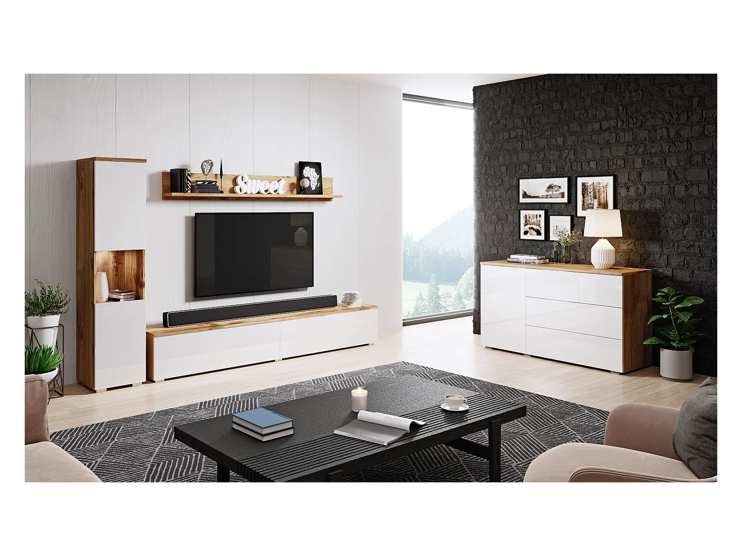 Moderne wandmeubelset 4-delig, corpus wotan, fronten wit hoogglans, 2 kolomkasten en tv-meubel 180 cm