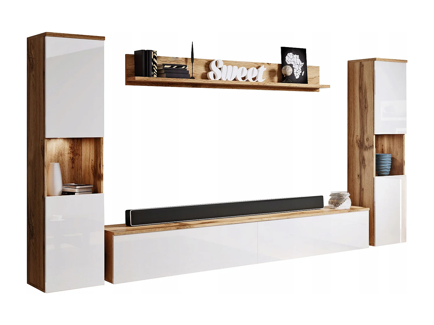 Conjunto moderno de sala 4 peças, corpo wotan, frentes branco brilho, 2 colunas e móvel de TV 180 cm