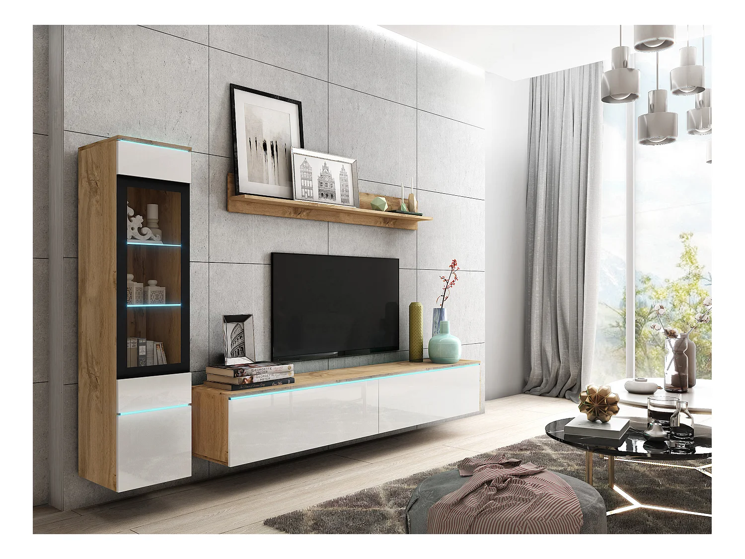 Conjunto moderno de móveis de sala 3 peças – móvel de TV 180 cm, vitrina e prateleira, corpo carvalho Wotan mate, frentes branco brilho, de pé ou suspenso