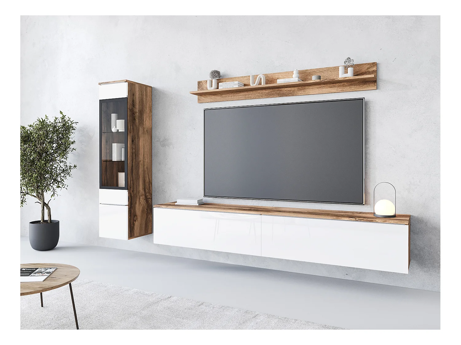 Moderne woonkamer meubelset 3-delig – TV-meubel 180 cm, vitrinekast en plank, corpus eiken Wotan mat, fronten wit hoogglans, staand of hangend