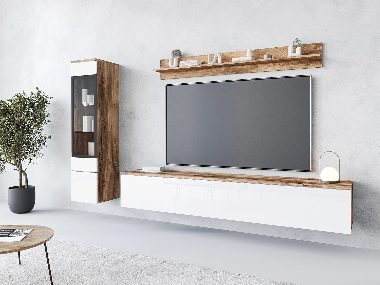 Ensemble moderne de meubles de salon 3 éléments – meuble TV 180 cm, vitrine et étagère, corps chêne Wotan mat, façades blanc brillant, autoportant ou suspendu