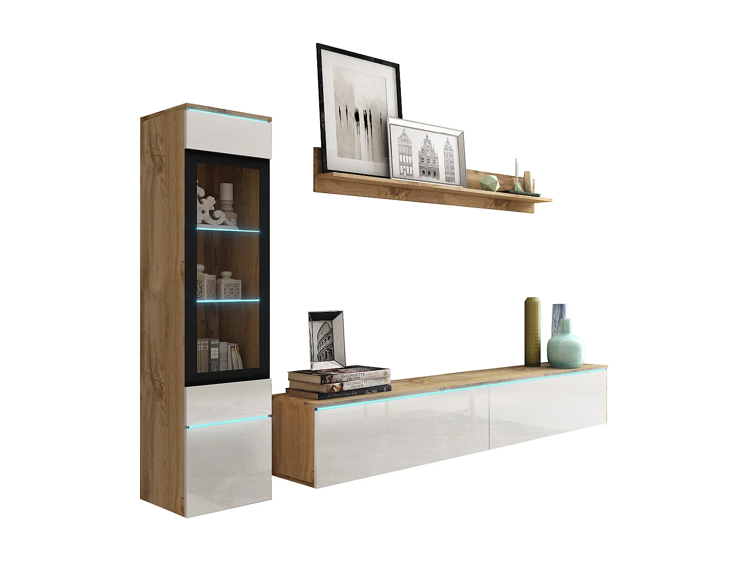 Ensemble moderne de meubles de salon 3 éléments – meuble TV 180 cm, vitrine et étagère, corps chêne Wotan mat, façades blanc brillant, autoportant ou suspendu