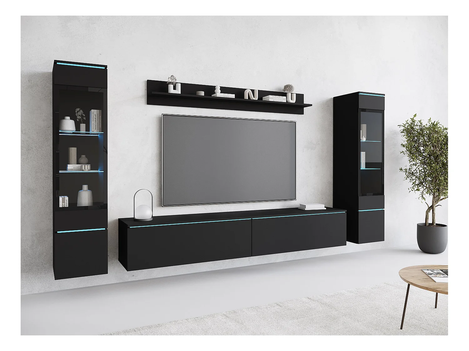 Ensemble moderne de meubles de salon 4 éléments – meuble TV 180 cm, 2 vitrines et étagère – mur TV graphite noir mat, autoportant ou suspendu